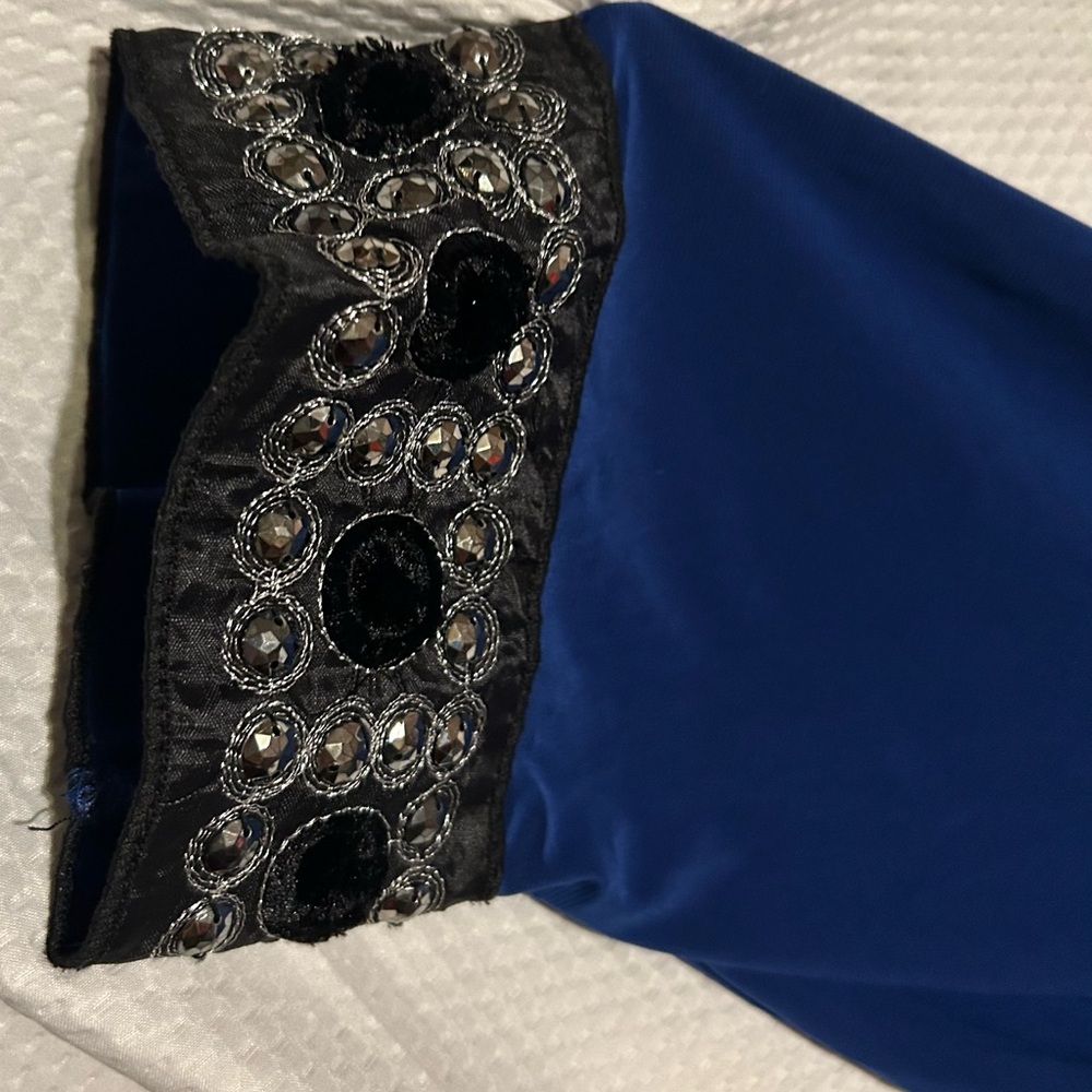 Royal Blue Cold Shoulder Dress with Black Beaded Trim - Picture 5 of 7